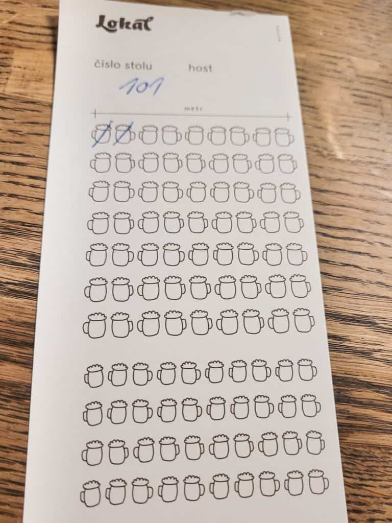 Beer tally sheet from Lokal a restaurant in Brno, Czech Republic