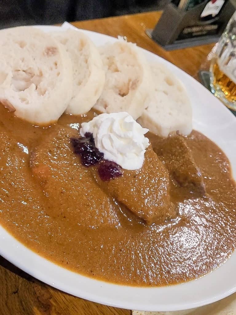 Svickova, a beef tenderloin dish with cream sauce made with allspice and served with bread dumplings.