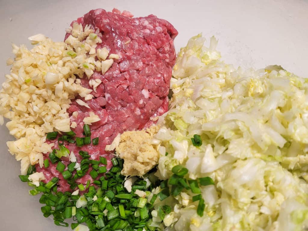 Closeup of chopped vegetables and ground meat in a bowl