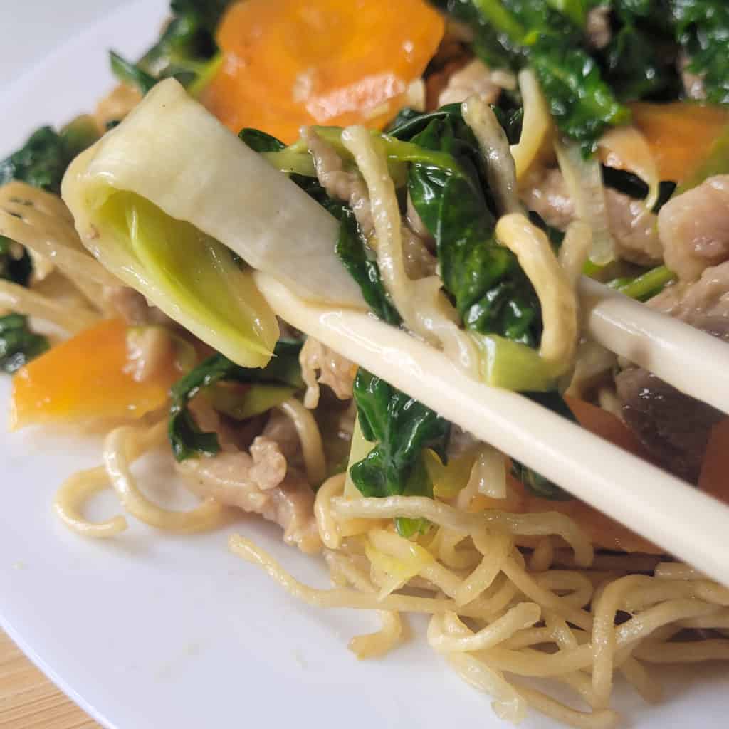 Closeup of a piece of pan friend noodles and some vegetables