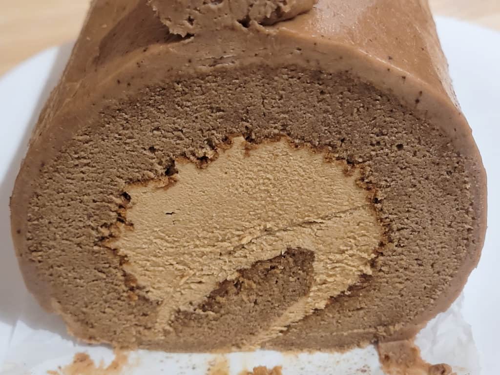 Closeup of mocha cake roll