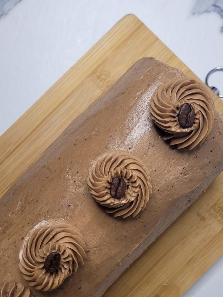 Overhead view of mocha roll cake