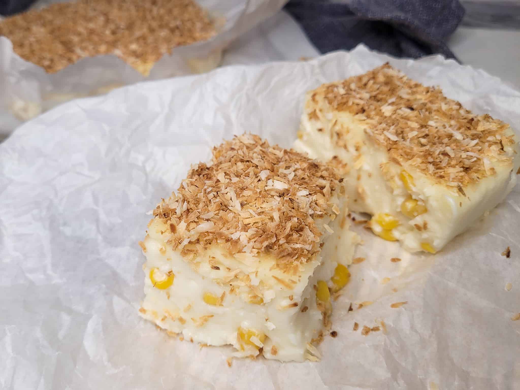 Sliced maja blanca on parchment paper