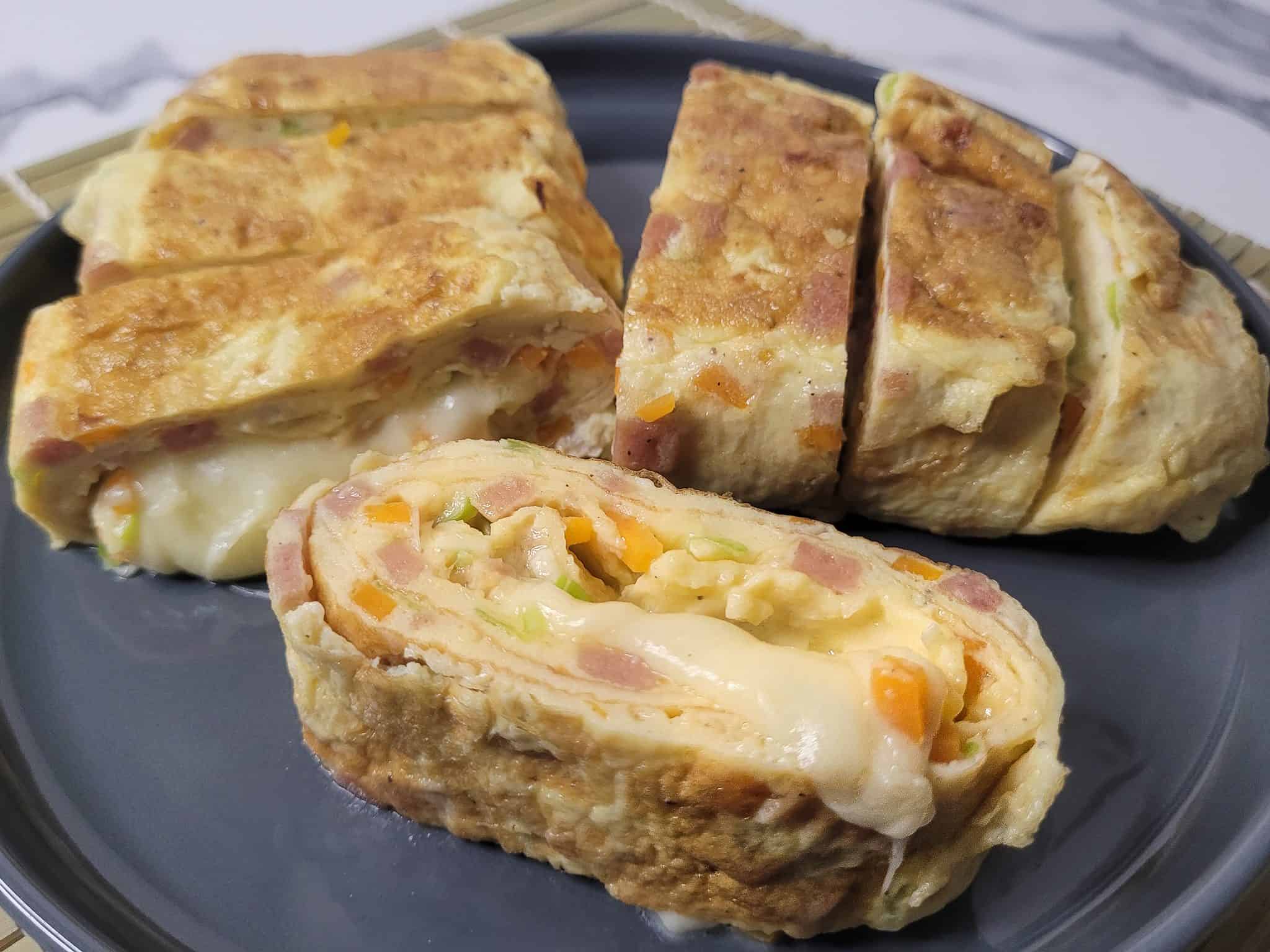 Rolled egg omelet or gyeran mari on a plate