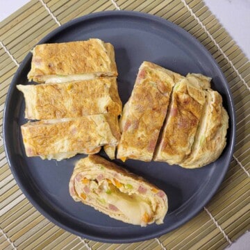 Overhead of pieces of gyeran mari on a plate