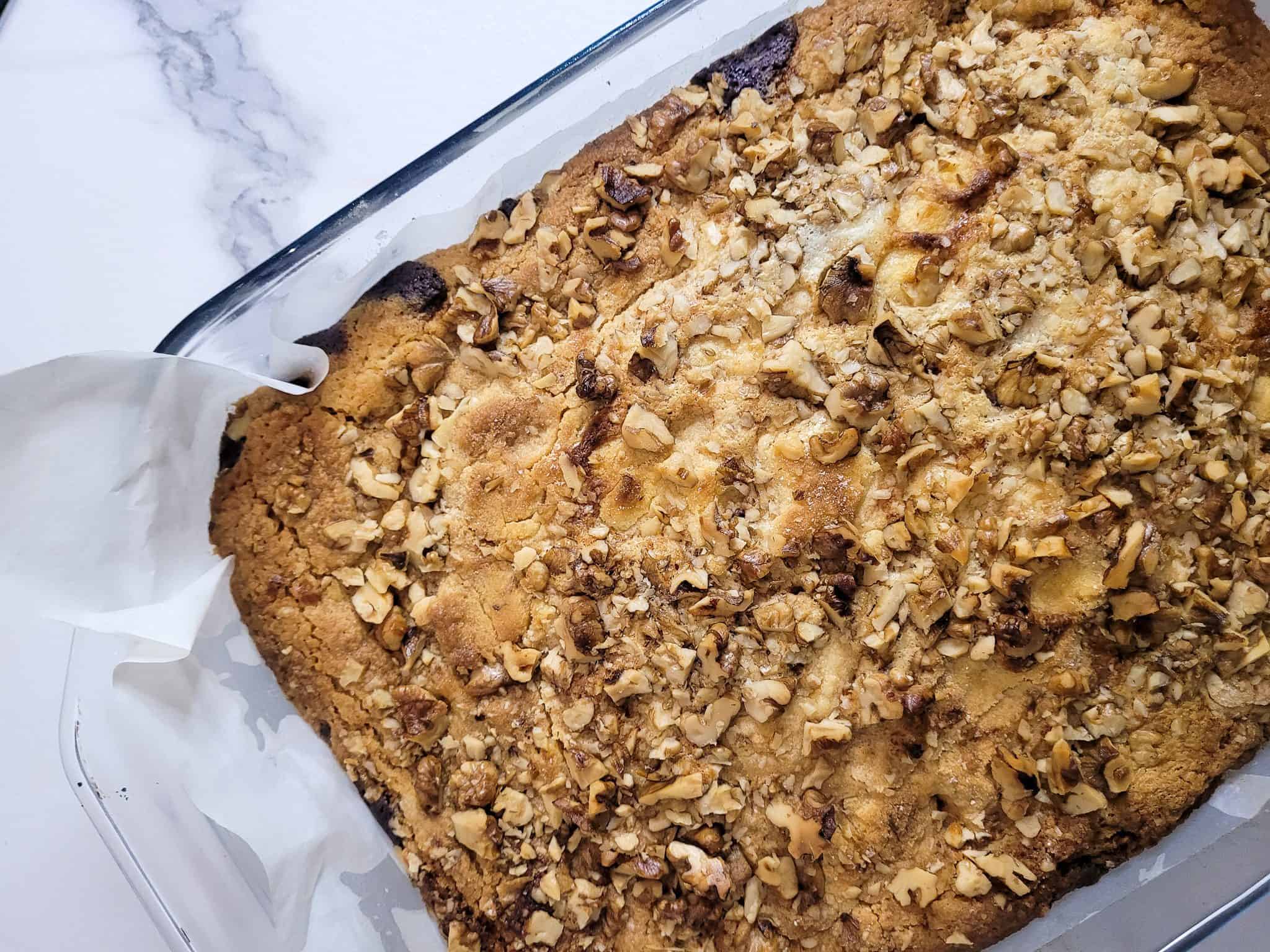Baked ube crunch cake in baking dish