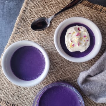 Ramekins filled with ube pot de creme dessert