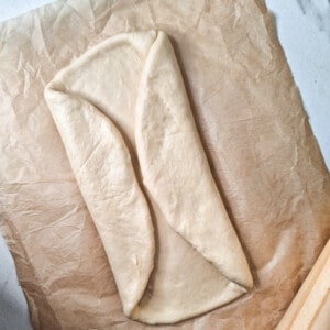 Fold over two opposite sides of a circle shaped dough