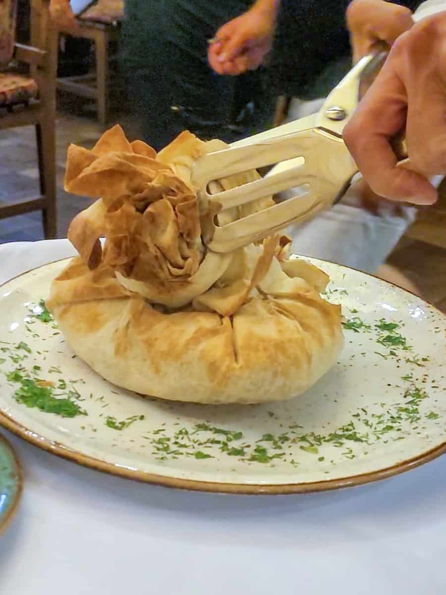 Lavash shaped like a bag with meat inside
