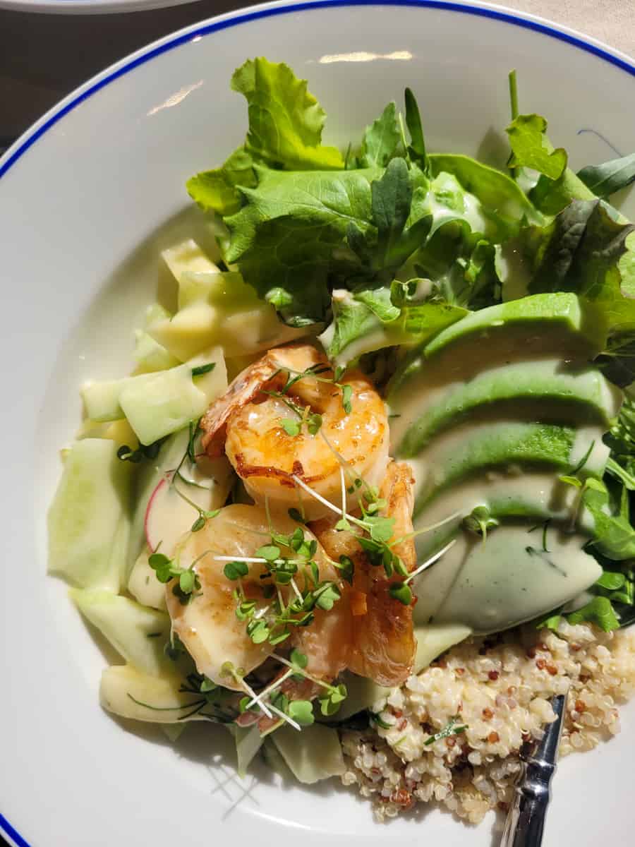 Tropical salad plate with avocado, shrimp and mango