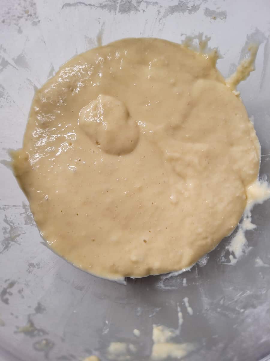 Blended batter in a clear bowl
