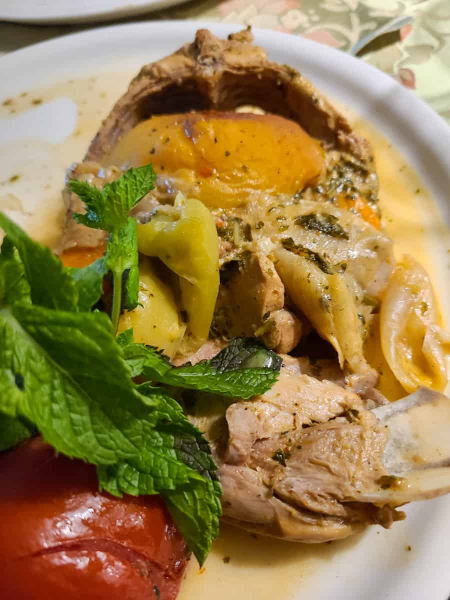 Rabbit stew on a white plate