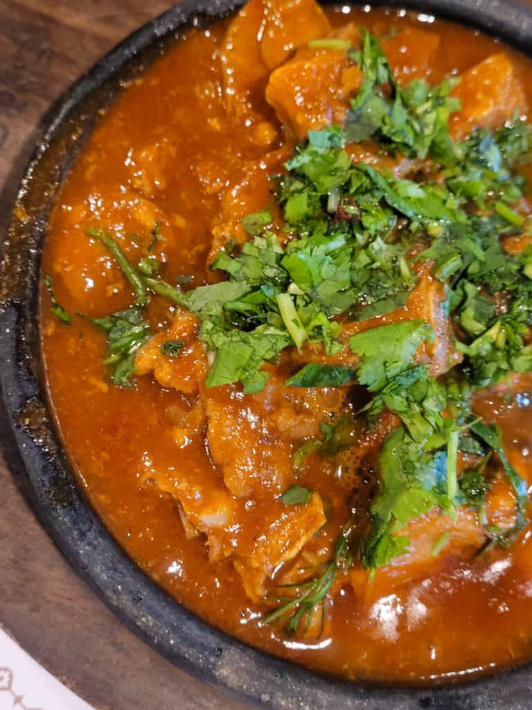 Ostri or Georgian beef tomato stew in a clay pot