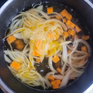 Carrots and onions submerged in water in a pot