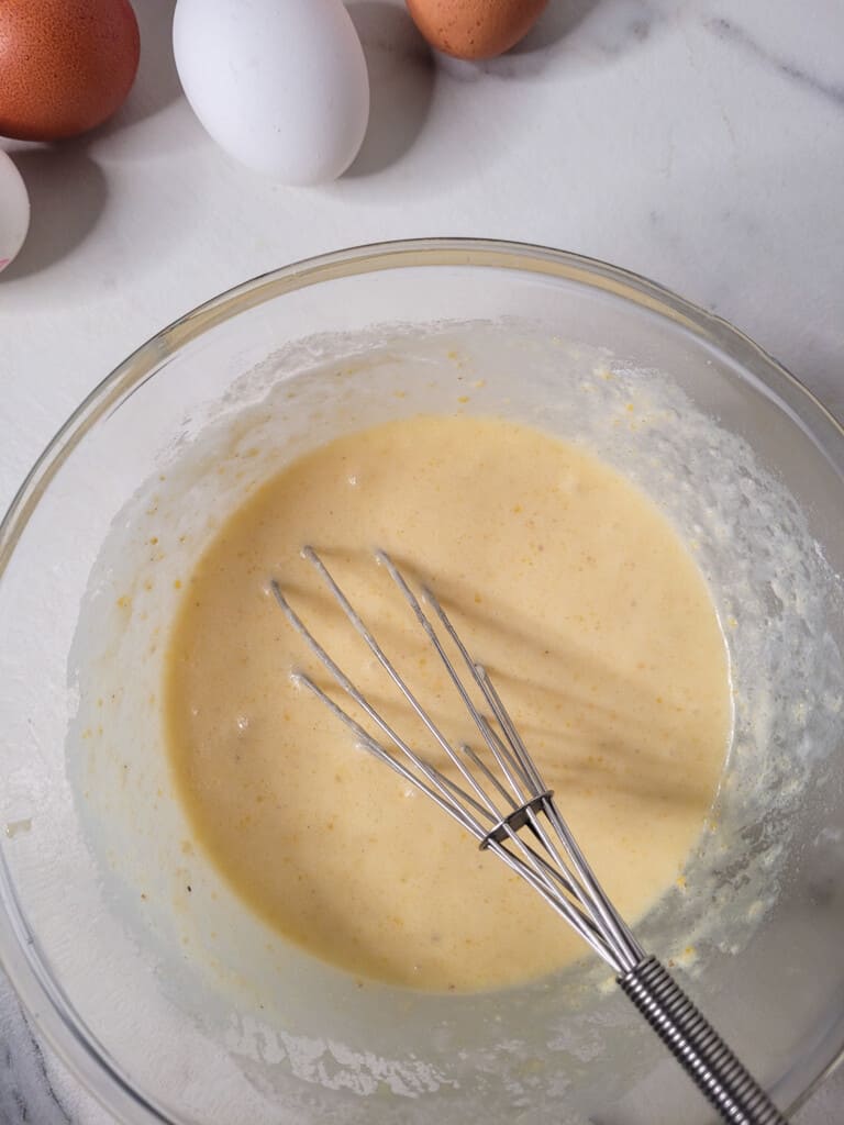 Whisked ingredients in a bowl for gyeran ppang