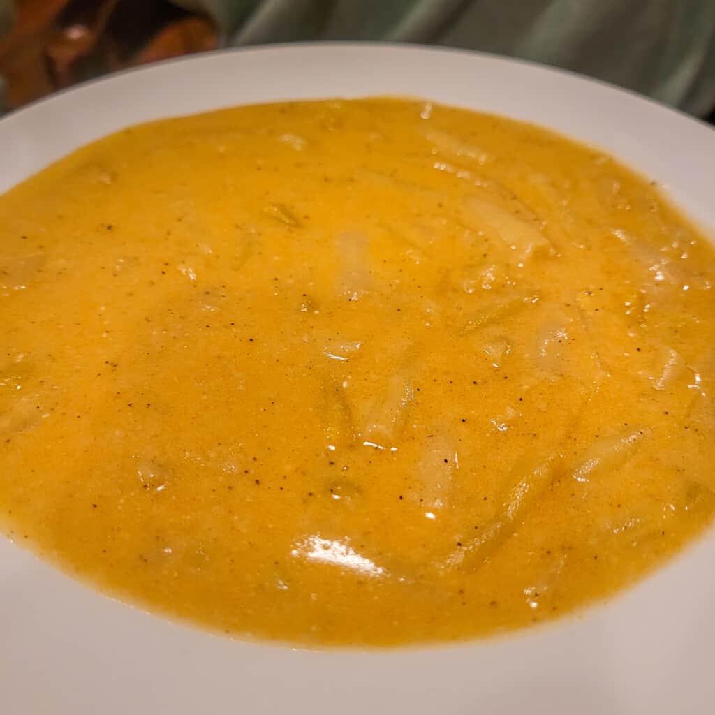 Hungarian green bean soup, local food in Budapest, in a white bowl