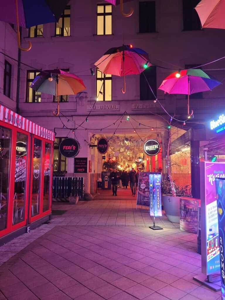 Hanging umbrellas at an outdoor walkway