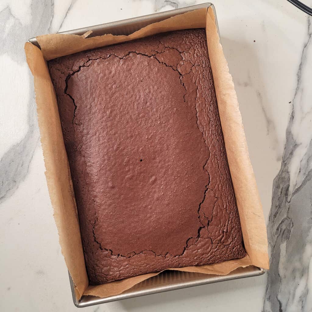 Baked mocha brownie on counter