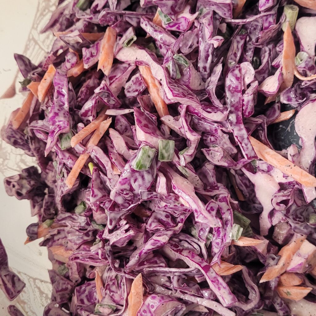Closeup of shredded cabbage with carrots
