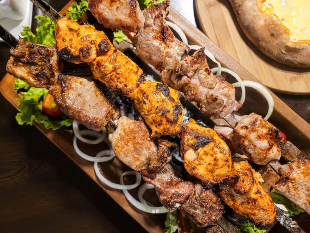Skewered barbecued meat, a type of Georgian dish called mtsvade