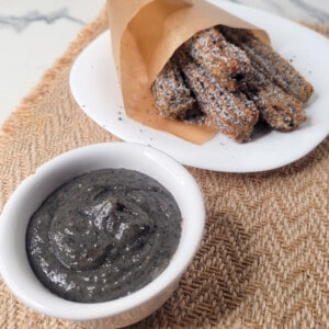 Black sesame ganache next to churros