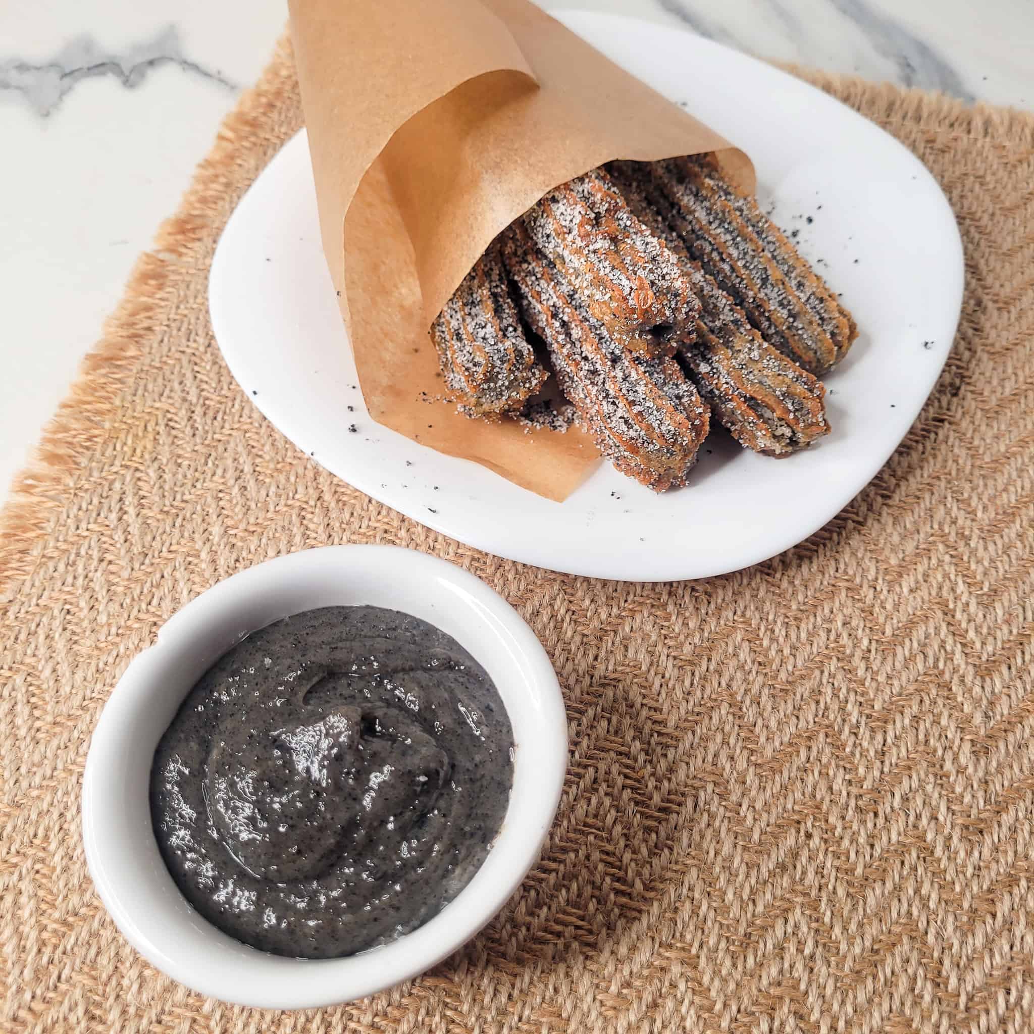 Black sesame churros and black sesame ganache dip