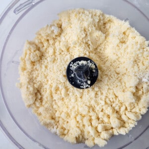 Crumbly, raw pie dough in a food processor.