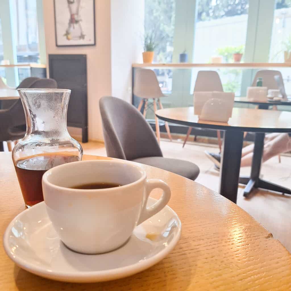 Coffee on a table inside Stories specialty coffee