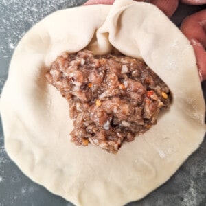A hand folding a dumpling around a meat filling.