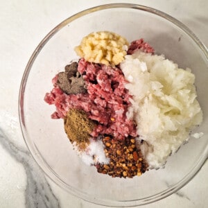 A bowl of minced meat, chopped onions, and other seasonings.