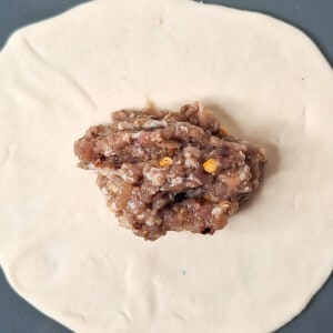 A scoop of minced meat filling in the middle of a dumpling wrapper.