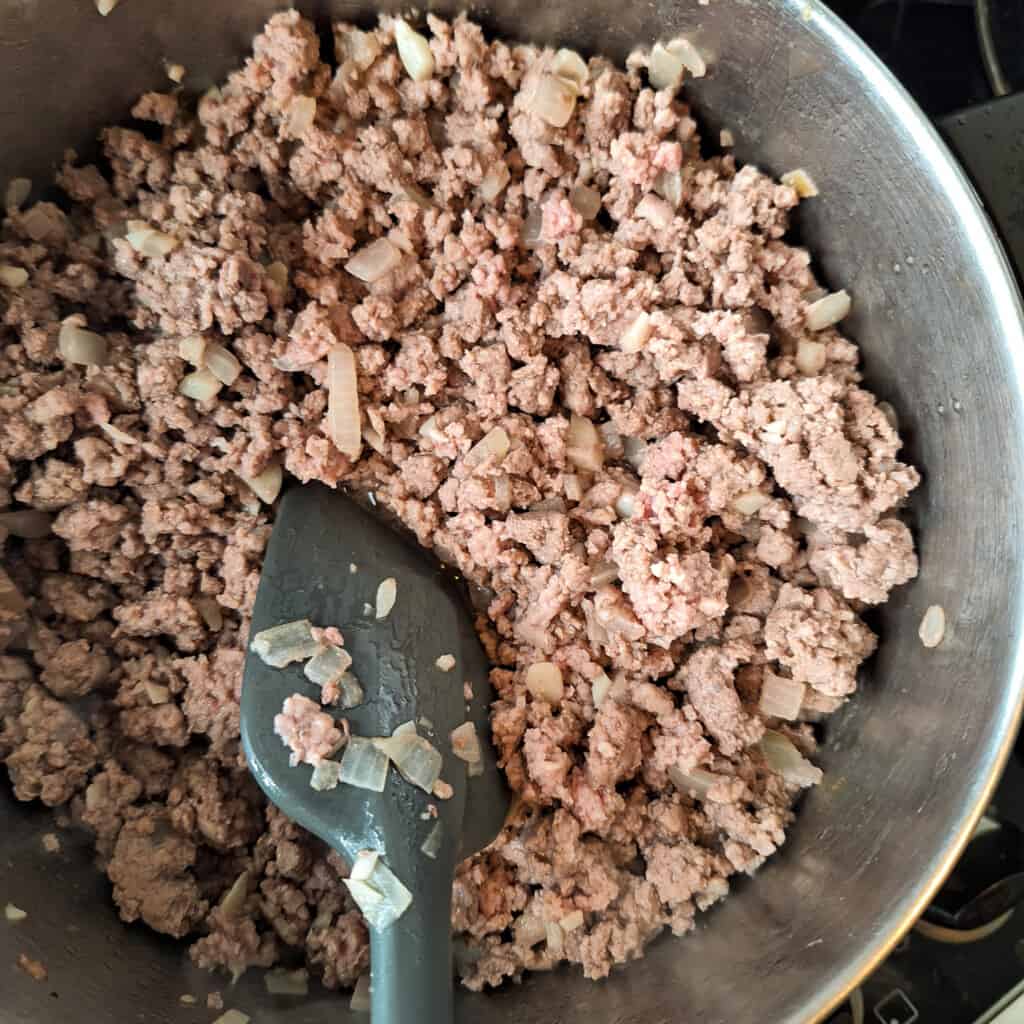 Browned meat inside a pot
