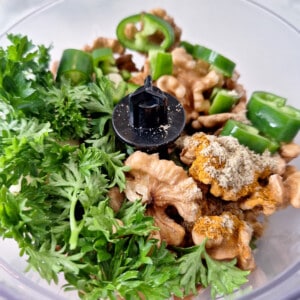walnuts, parsley, chilies, and seasonings in a food processor
