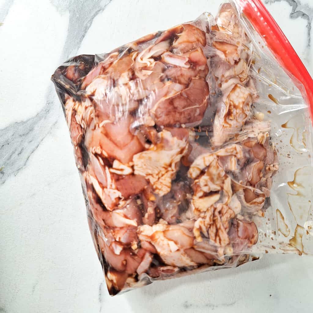 Chicken and pork in Filipino adobo marinade inside a plastic bag.
