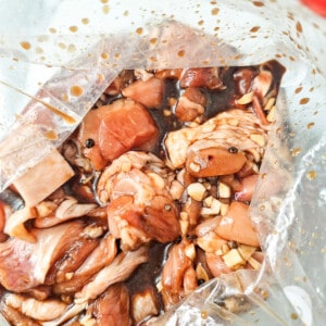 A view inside pieces of meat with Filipino adobo marinade