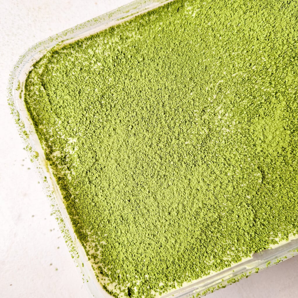 Matcha green tea tiramisu dusted with matcha powder