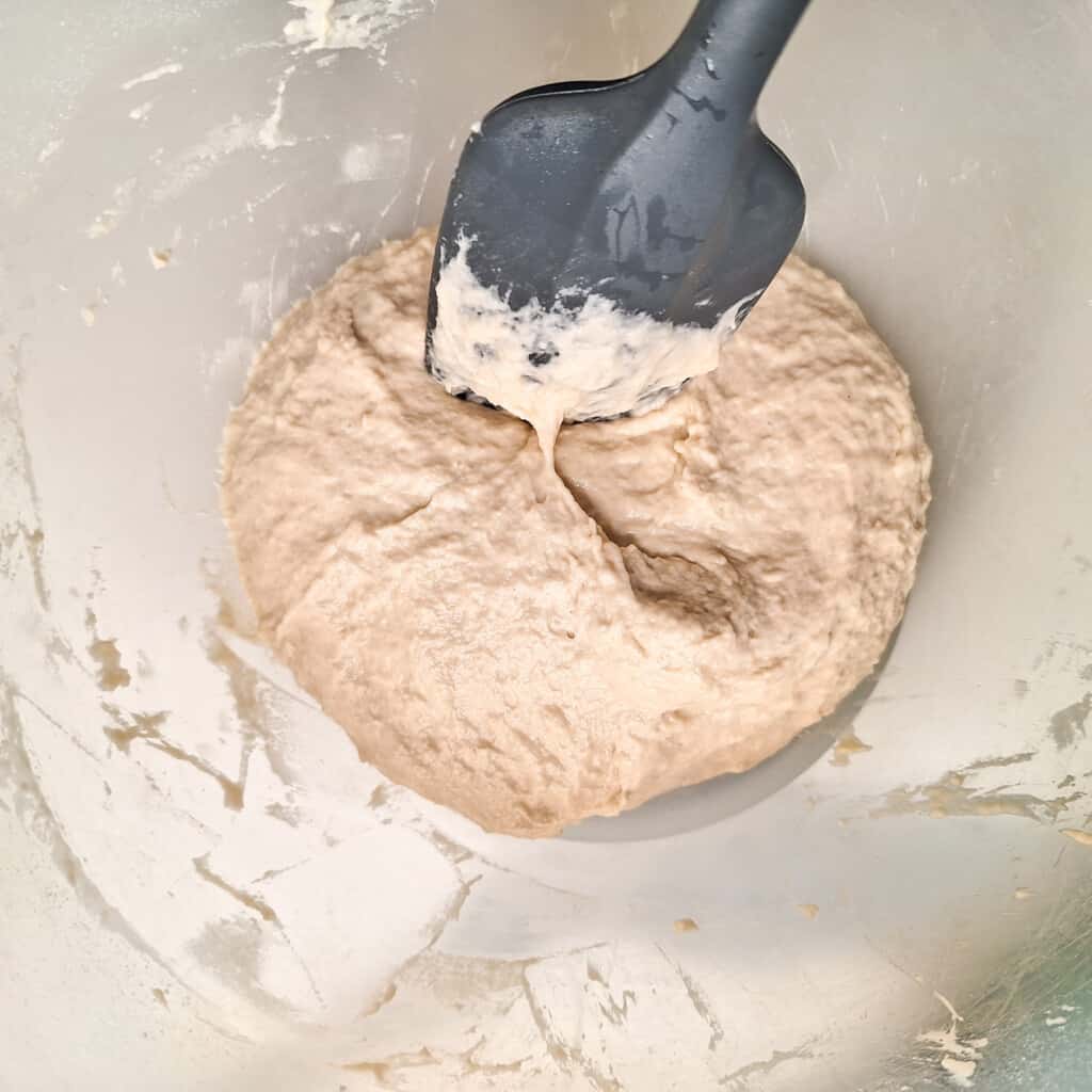 Loose dough with spatula inside a plastic bowl