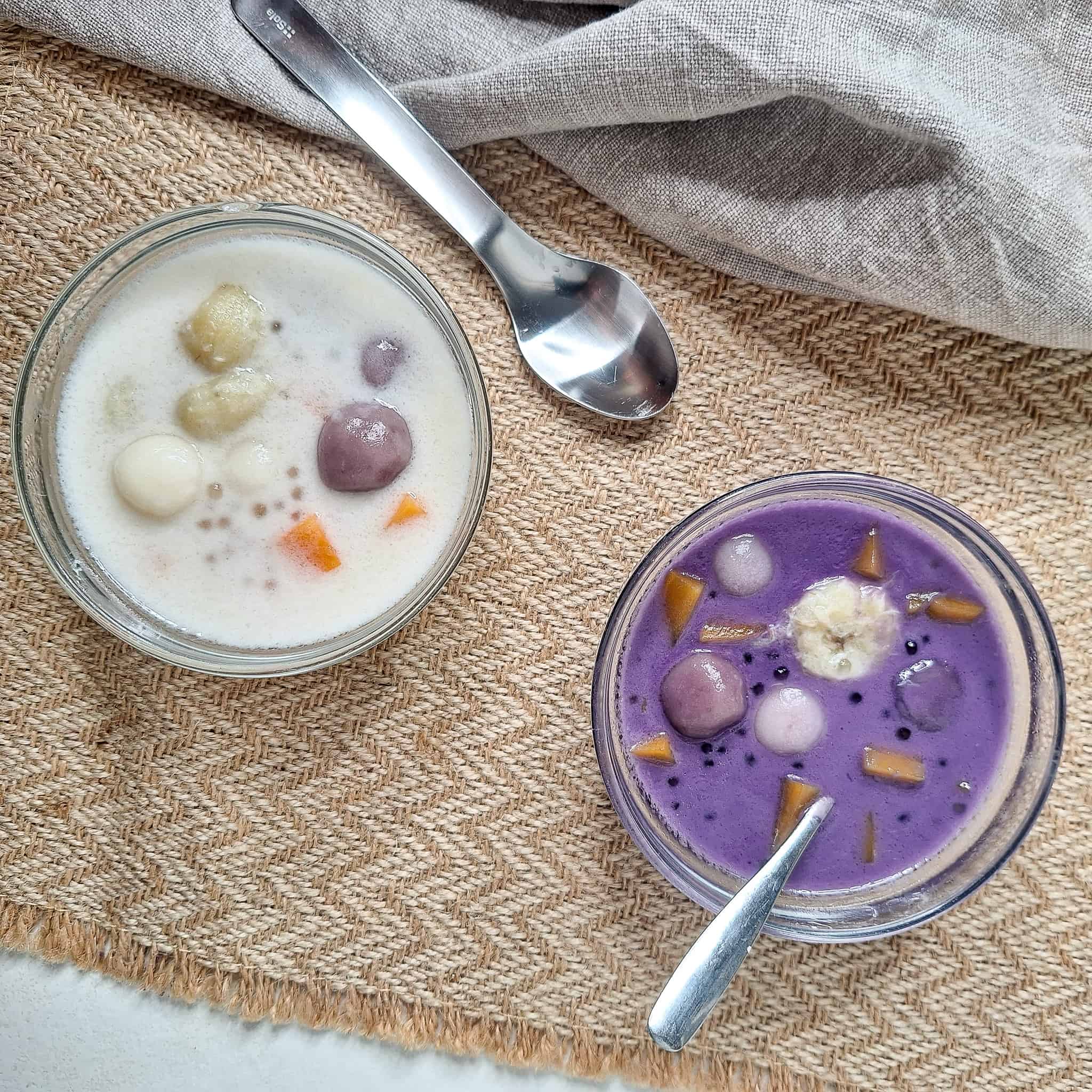 Classic and ube ginataang bilo bilo in glass bowls