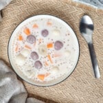 Filipino coconut dessert soup with sago or ginataang bilo bilo in white bowl