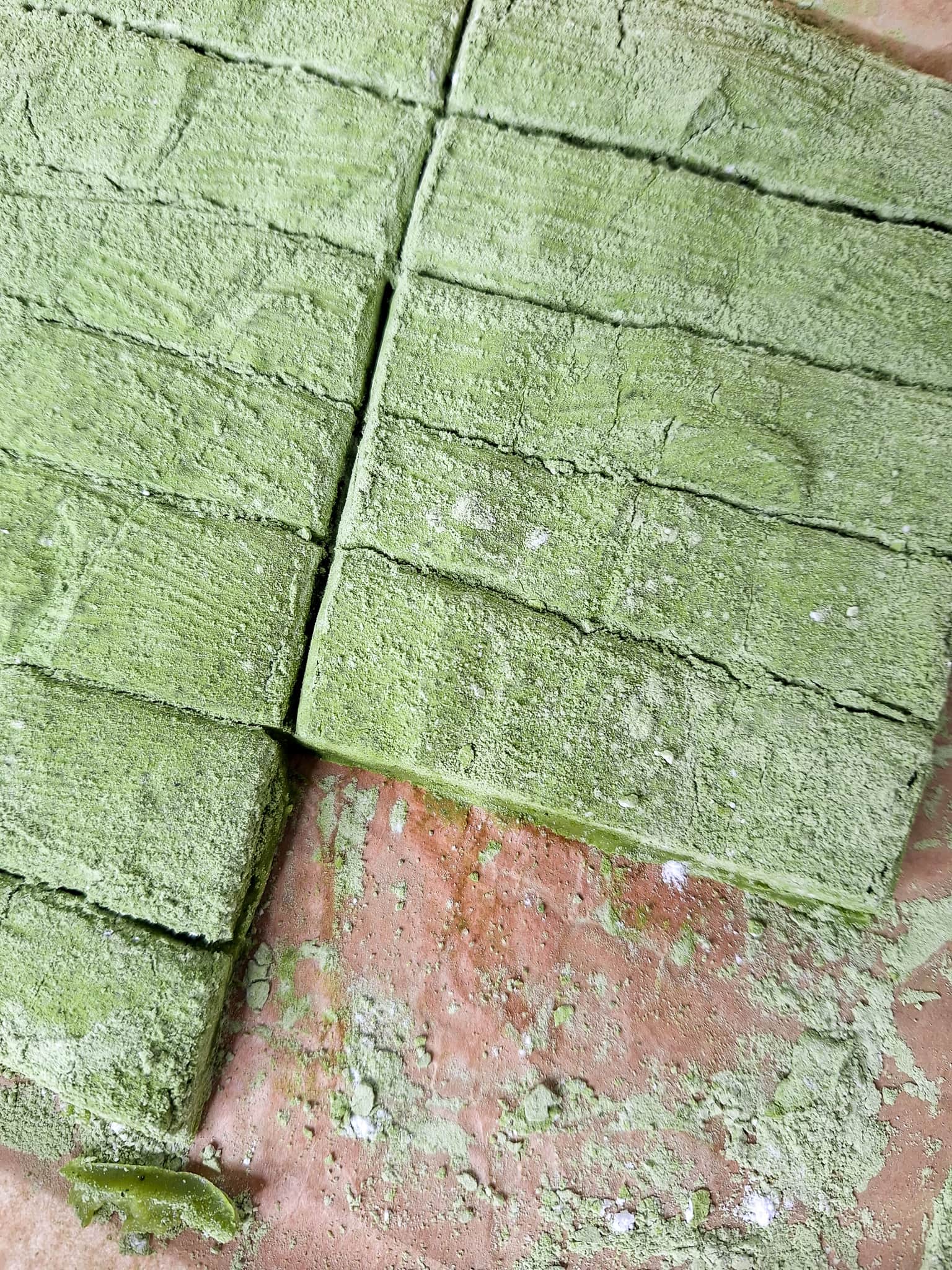 Overhead shot of sliced matcha espasol