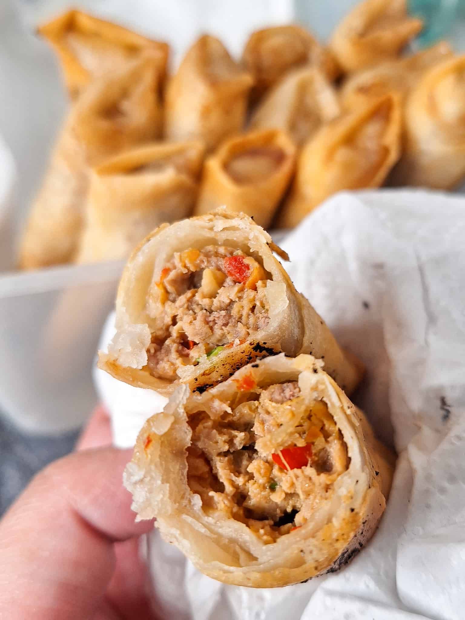 A cross section of Filipino lumpia shanghai