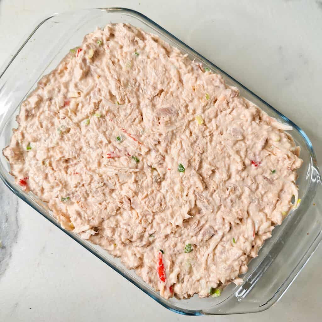 Fish mixture in a glass baking dish