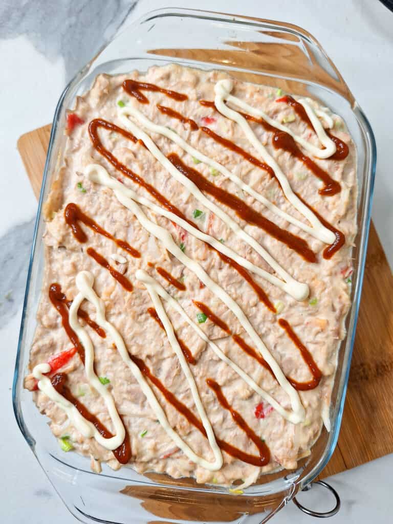 Sriracha and kewpie mayo drizzle on sushi bake