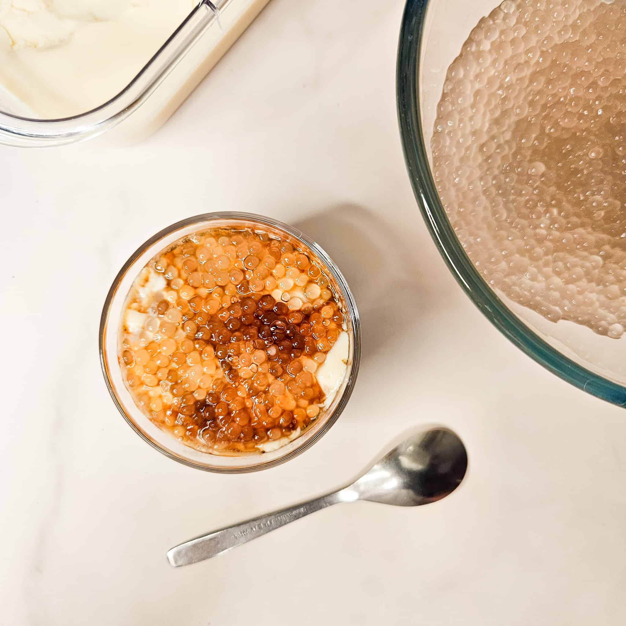 Taho Recipe - tofu pudding, tapioca balls, and brown sugar syrup in a glass
