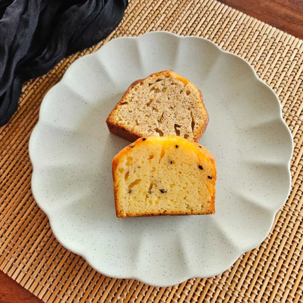 Slices of Japanese-style cakes on a scalloped plate