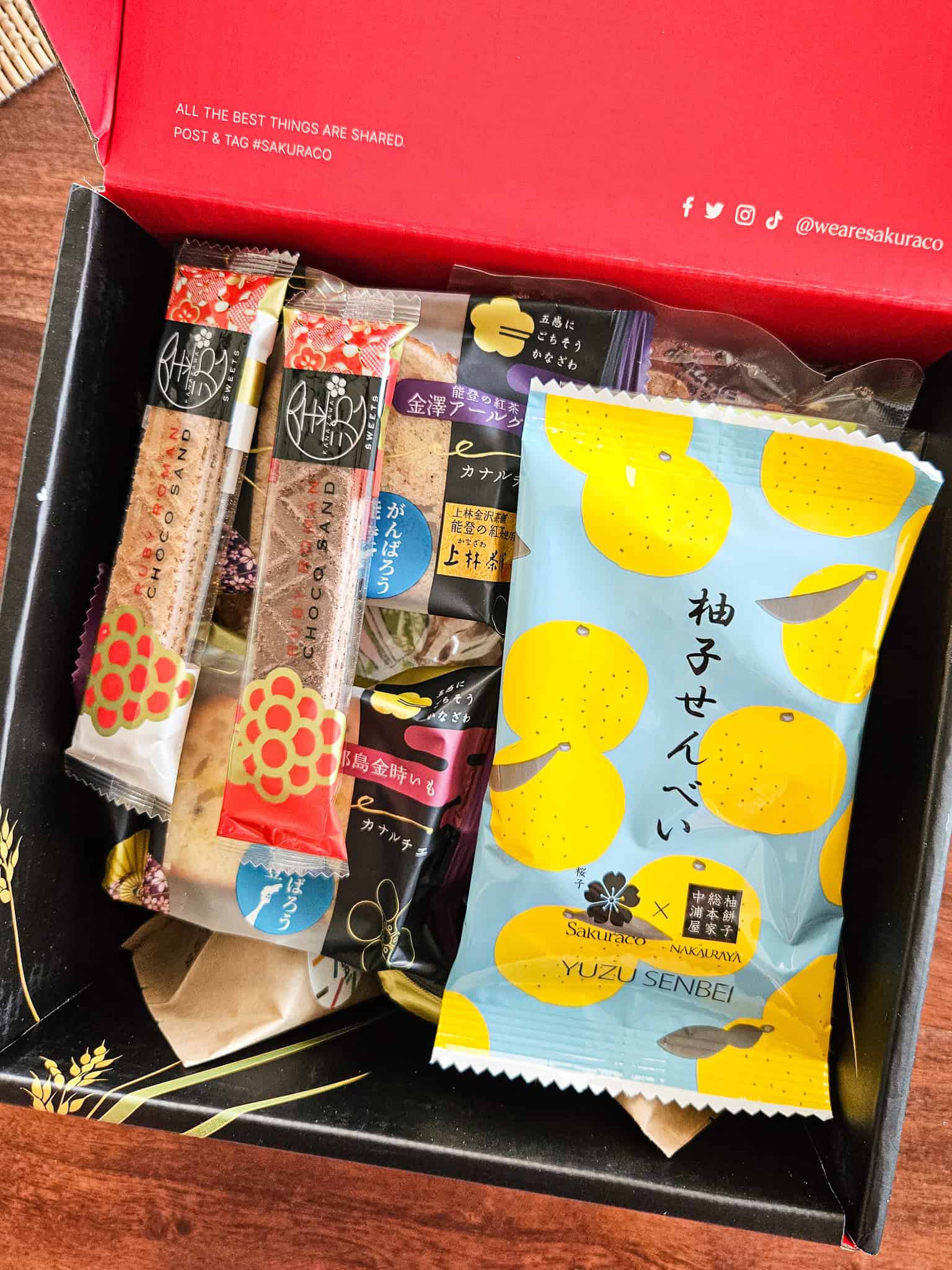 Close up of Japanese snacks inside a box